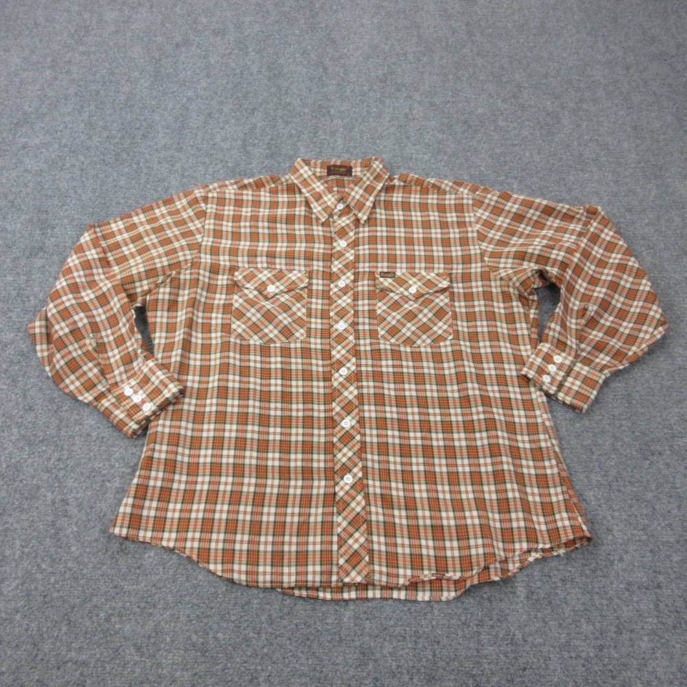 Vintage Wrangler Shirt Mens XL Brown Plaid Long Sleeve Button Front Casual